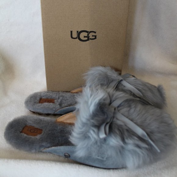 NIB‎ UGG SHAINE FUR SUEDE SLIPPERS GRAY 6 - Picture 1 of 9